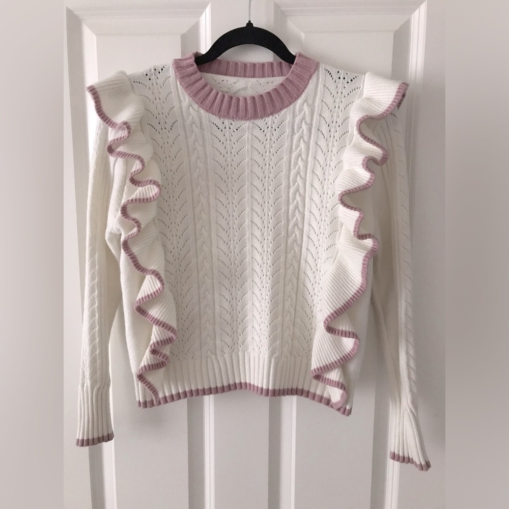 Knit Crewneck Sweater with Ruffle Detailing and Contrast Trim
